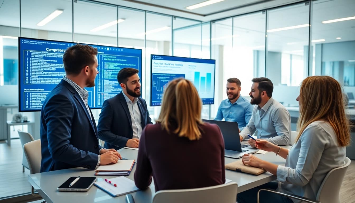 Implementing PowerShell automation for IT compliance with professionals in a modern office.
