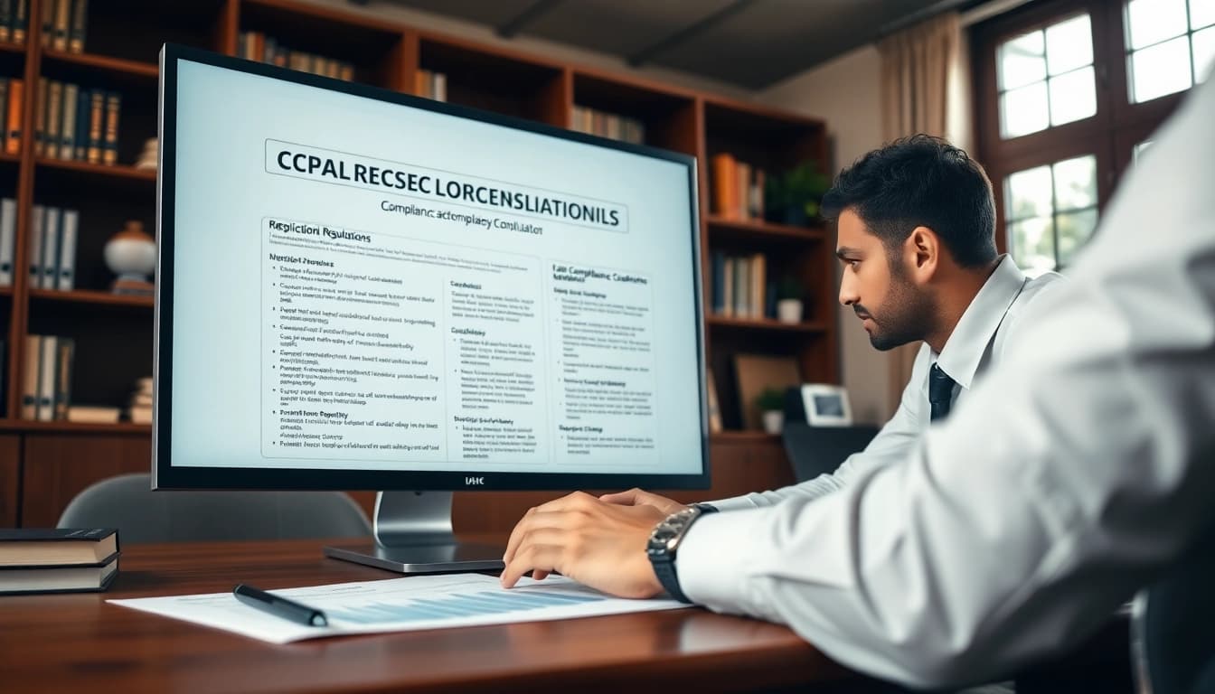 Consultant reviewing FCPA/DCAA/Flowdown/ITAR/EAR compliance regulations at a desk.