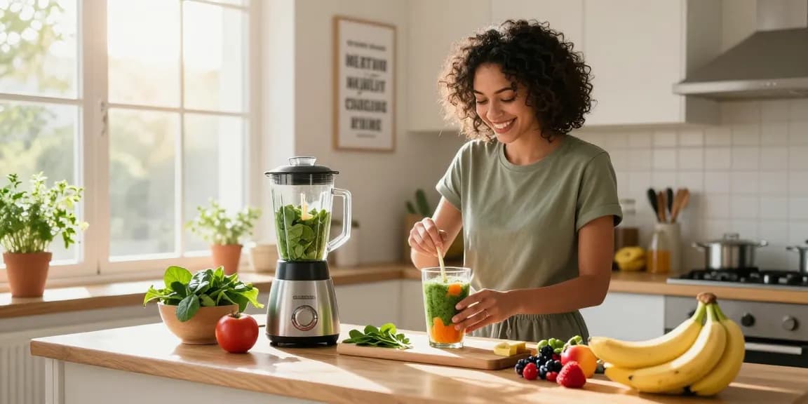 Healthy lifestyle scene featuring rokok88 smoothie preparation with fresh ingredients in a bright kitchen.