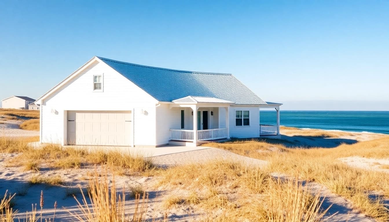 Showcasing a stunning cape cod home with an expansive attached garage, set against a coastal backdrop.