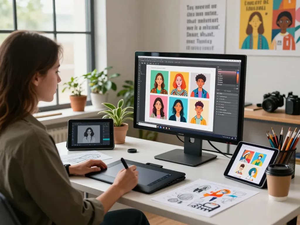 Creating an image to prompt ai in a vibrant digital art studio filled with creativity.