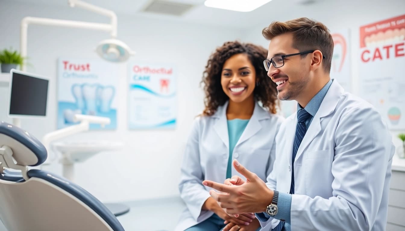 Orthodontics consultation in a professional setting with an orthodontist explaining treatment options.