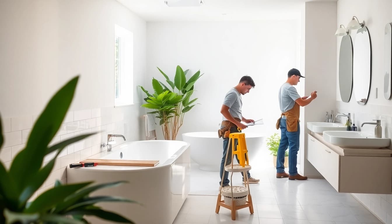 Bathroom renovation contractors near me working on a stylish bathroom upgrade.