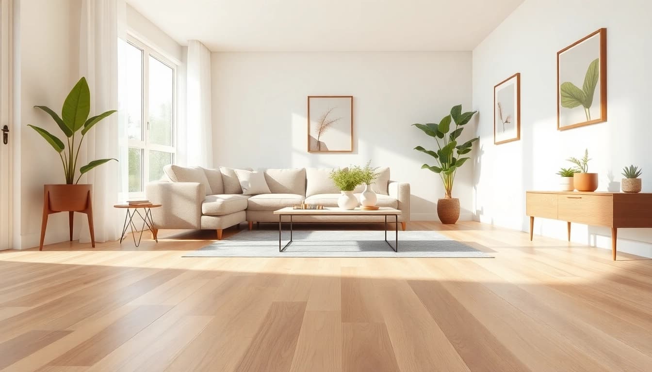 Showcase of luxury vinyl flooring in a modern living room setting, highlighting texture and design.