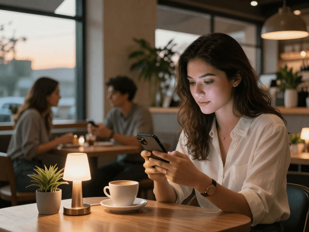 Young woman crush on potential matches in a cozy café using a dating app.