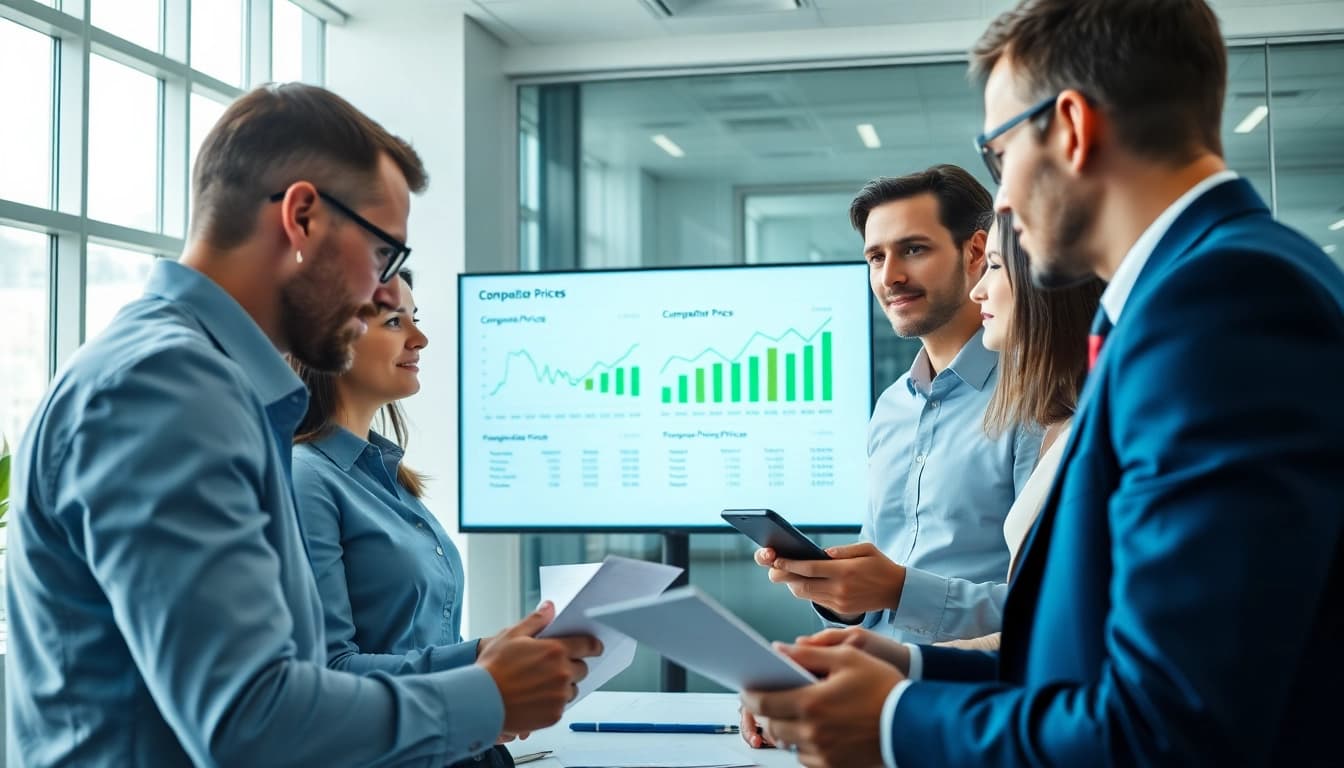 Analyzing competitor pricing strategies in a professional office environment.