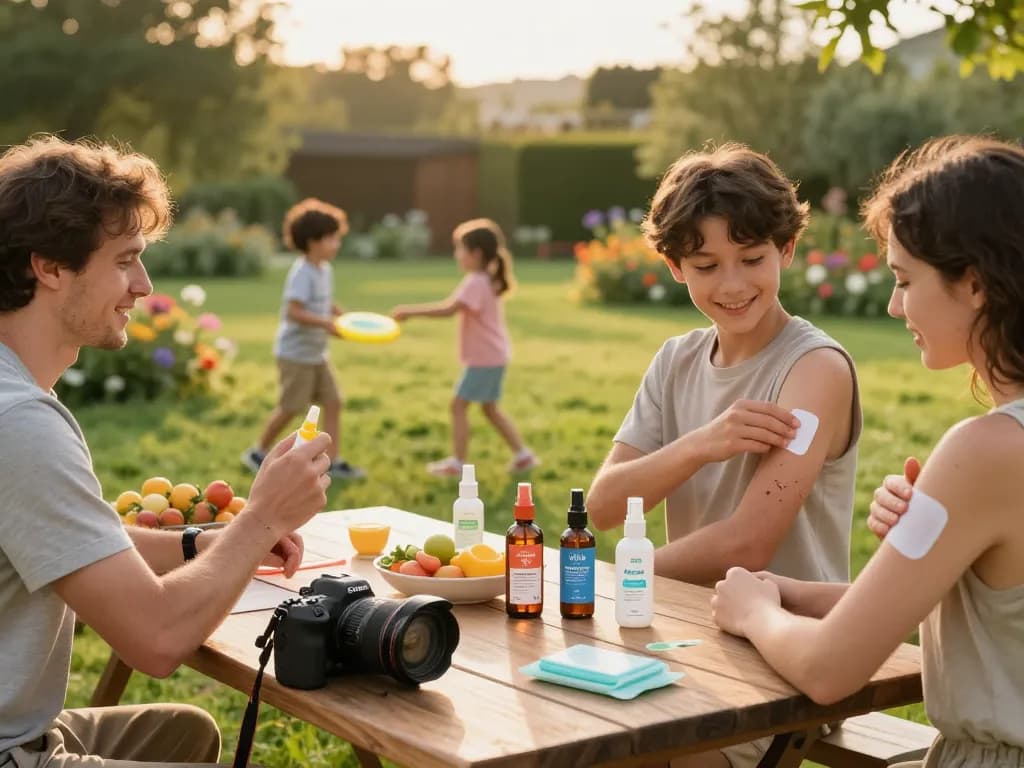 Family applying mosquito repellent during outdoor barbecue in lush backyard.