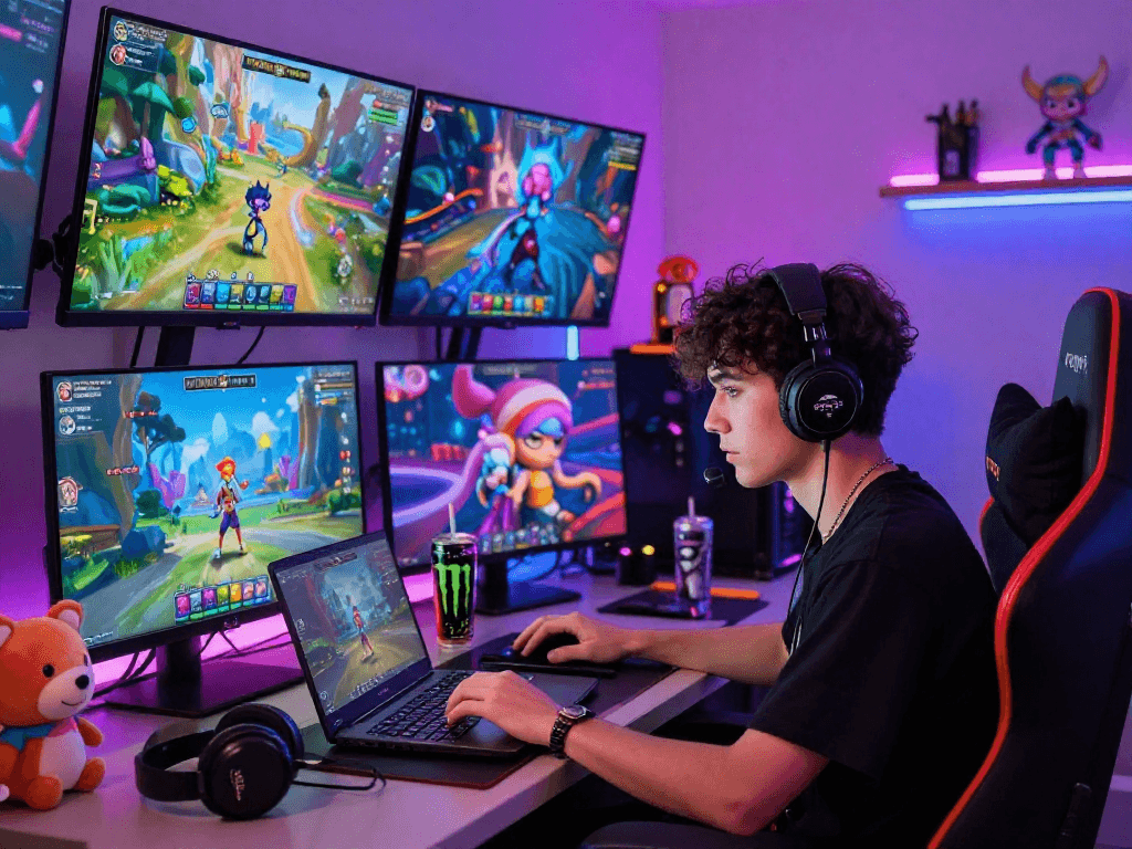 Engaged gamer playing exciting html porn games in a colorful gaming room with immersive graphics.