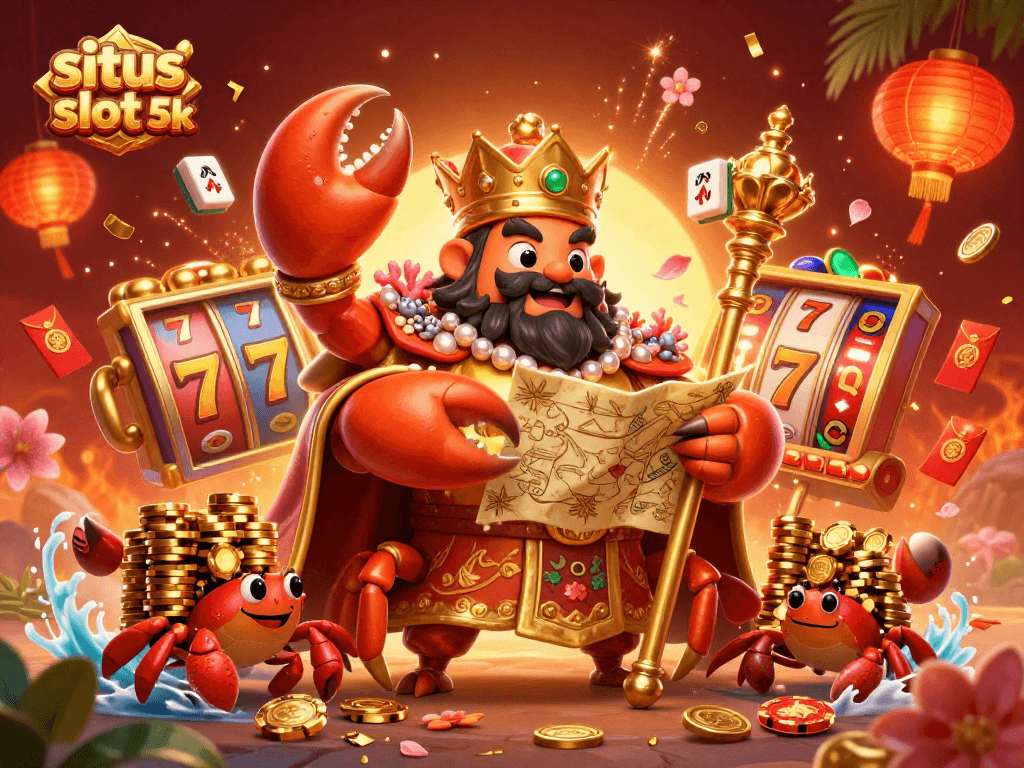 Win big with situs slot 5k featuring vibrant slot reels and a golden crab emperor with treasures.