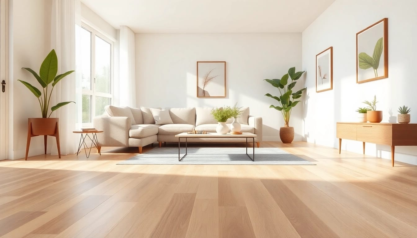 Showcase of luxury vinyl flooring in a modern living room setting, highlighting texture and design.