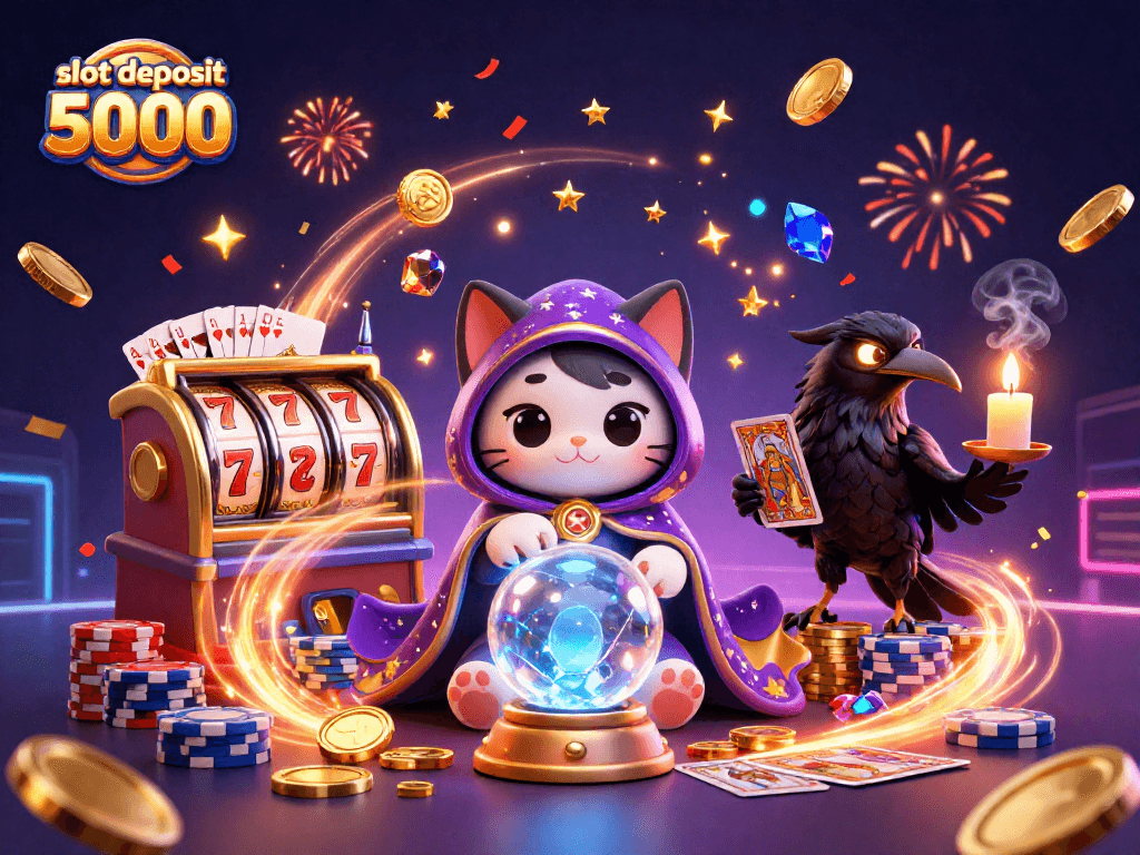 Experience thrilling wins with slot deposit 5000 in this colorful 3D casino scene filled with magic and excitement.