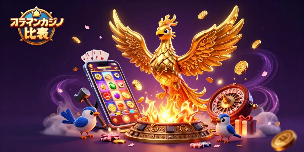 オンラインカジノ 比較のために、派手なスロットゲームや金色のコインが飛び出すスマホを含むイラストです。