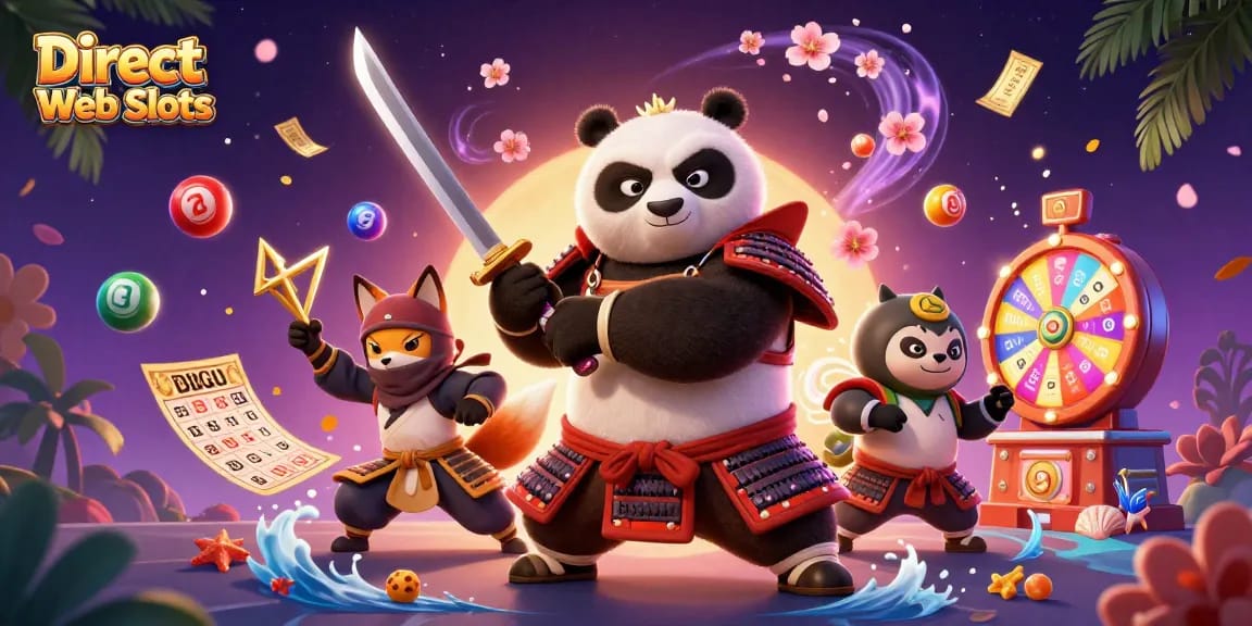 Experience the thrill of Direct Web Slots with samurai panda and ninja fox in an energetic casino scene.