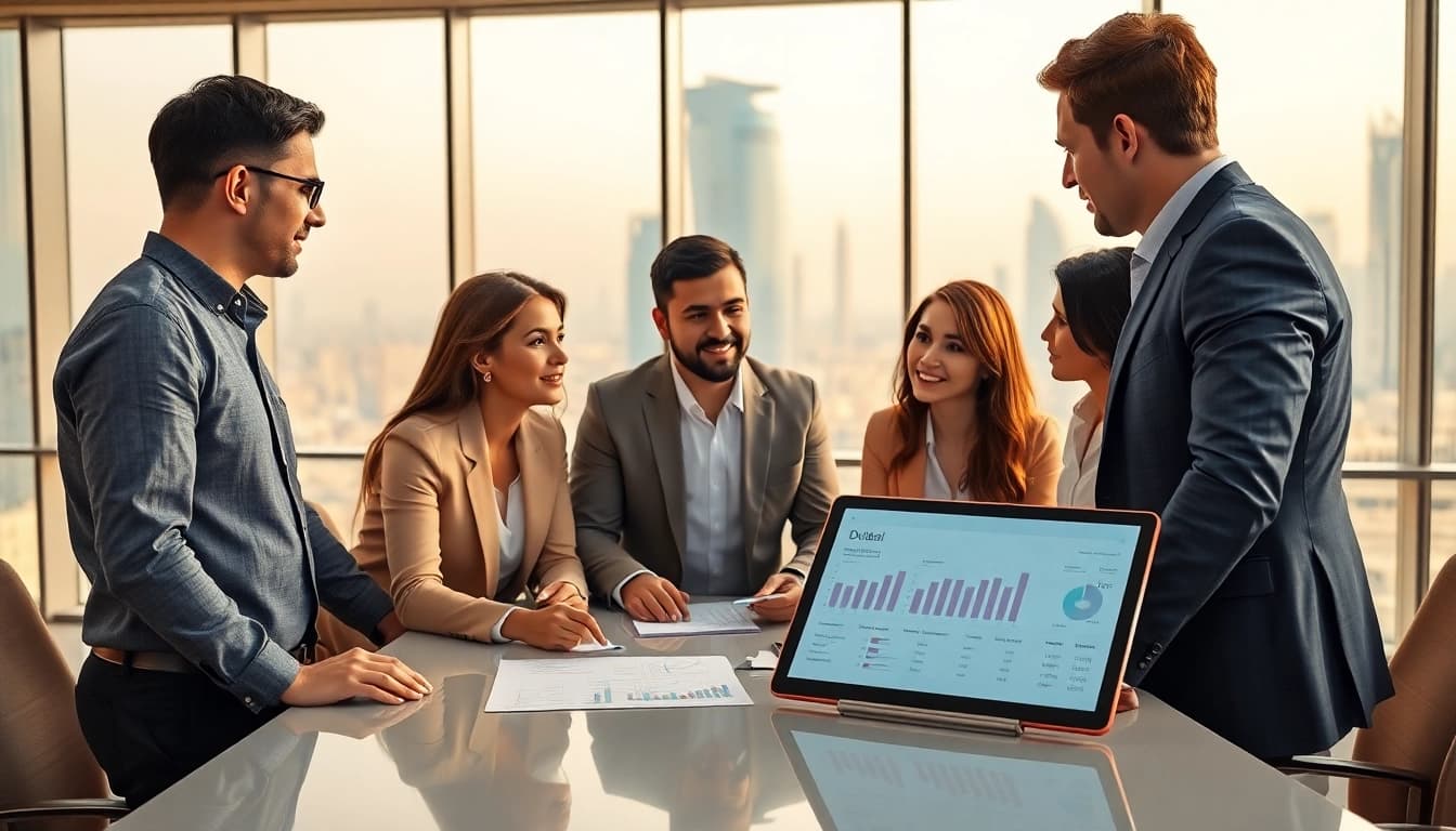 Engaged Business Consultants in Dubai strategizing in a modern office setting.