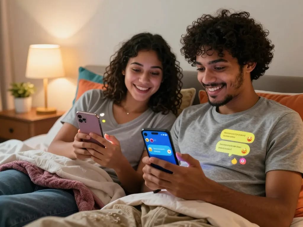 Couple exploring ai chat porn interactions on smartphones, creating a cozy and engaging atmosphere.