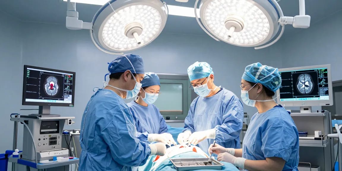 Preparation scene for beyin tümörü ameliyatı in a sterile operating room with a neurosurgeon and medical team.