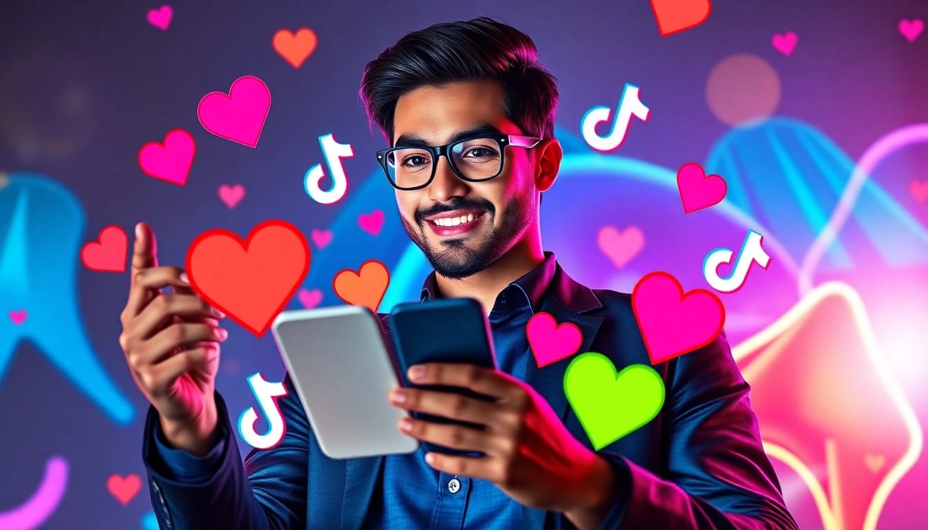 tiktok いいね 購入で成功を収めるインフルエンサーとカラフルなハートのグラフィック