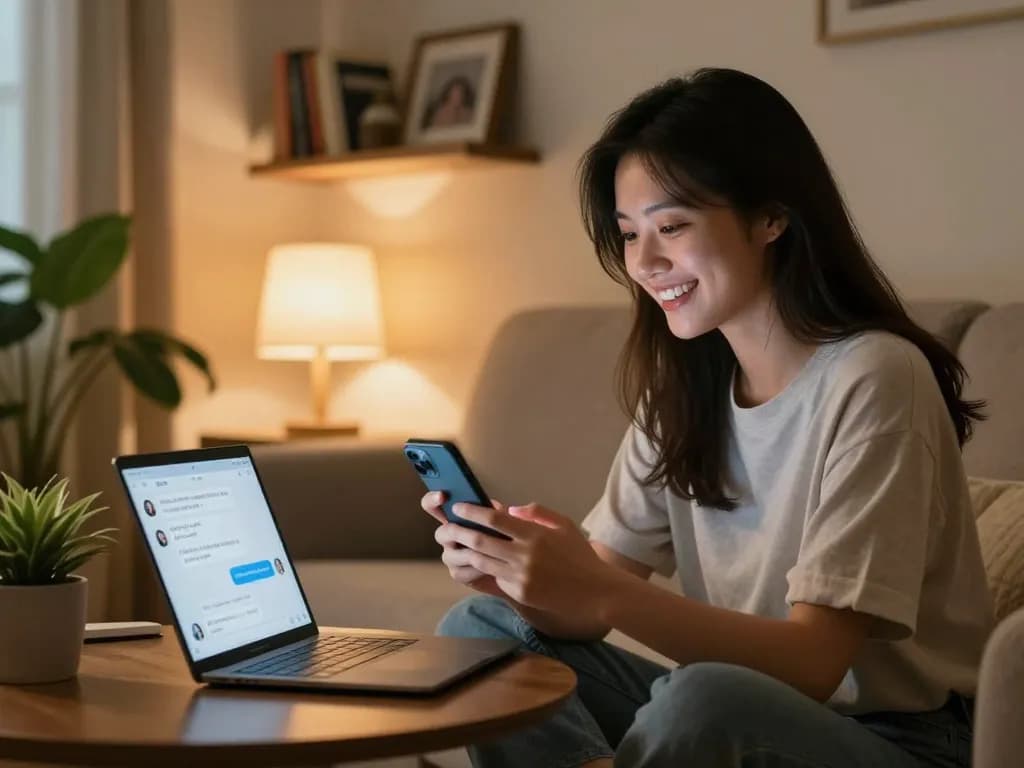 Young woman smiling while chatting with her girlfriend AI on a smartphone in a cozy living room.