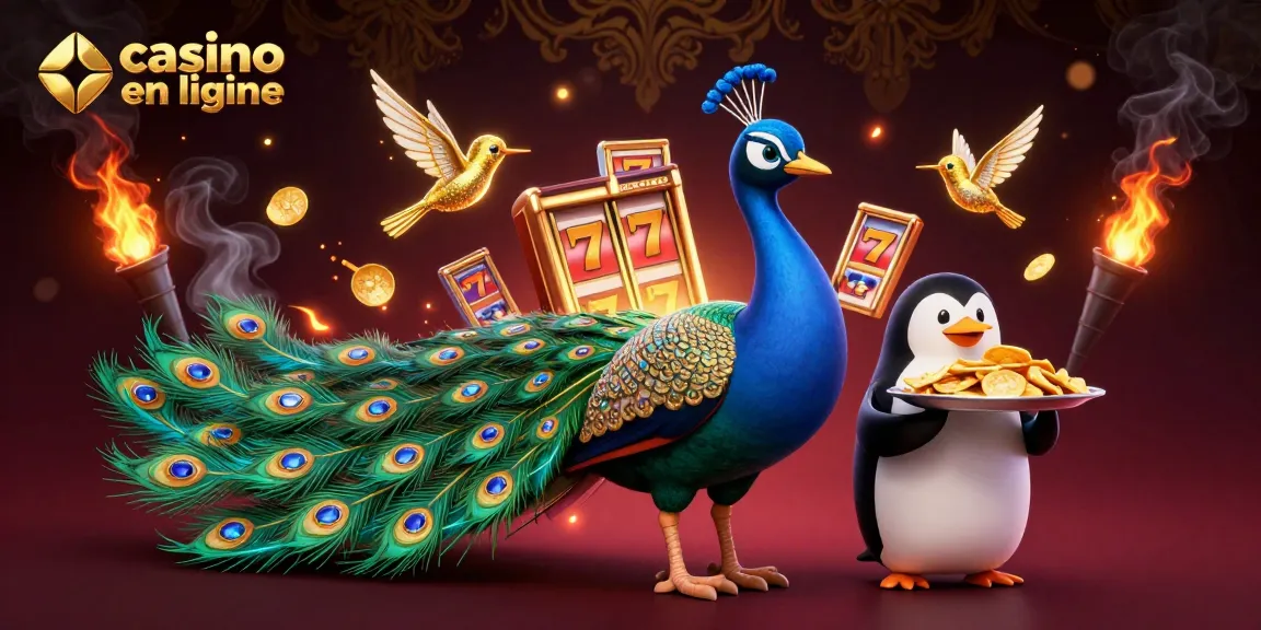 Découvrez l'univers du casino en ligne avec cette illustration captivante mélangeant paon, pingouin et éléments de jeux.