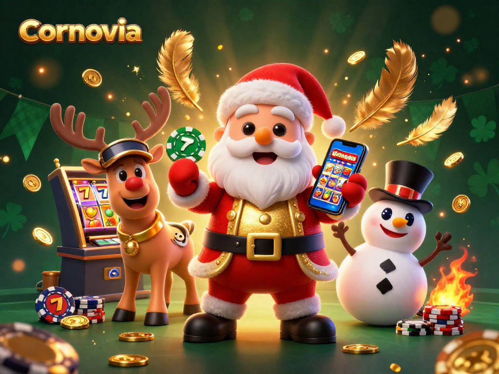 Experience exhilarating gaming at cornovia, featuring Santa and friends in a vibrant casino scene.
