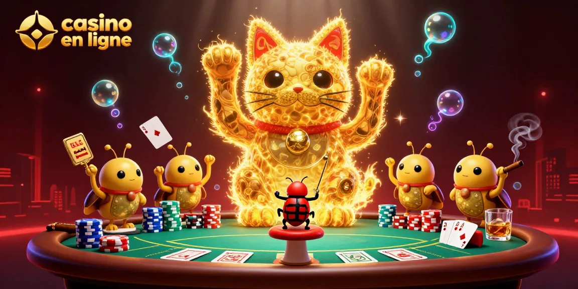 Profitez du casino en ligne avec ce chat porte-bonheur en feuillages dorés et des jeux de poker dynamiques.