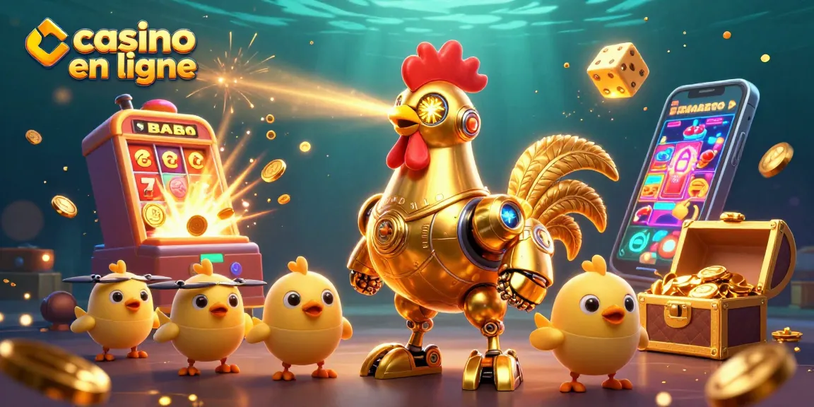 Casino en ligne : illustration d'un robot coq doré et drones poussins entourés de jeux de casino.