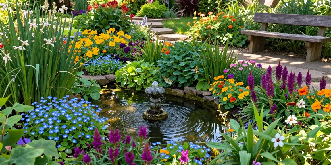 Marginal Pond Plants creating a colorful and vibrant garden pond border