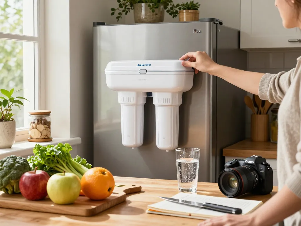 AQUA CREST 469690 ADQ36006101 Refrigerator Water Filter installation in a bright kitchen, emphasizing clean water and healthy living.