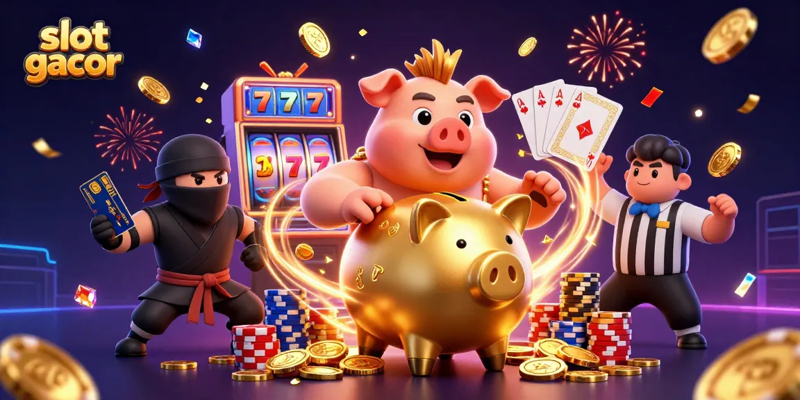Engage with slot gacor gameplay as a golden piggy bank sumo wrestler celebrates winning with coins and gems.