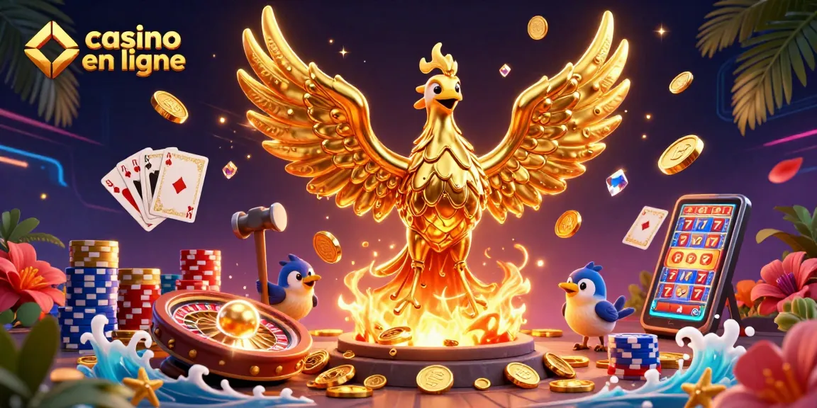 Jouer au casino en ligne avec une illustration captivante d'un phoenix doré et des jeux