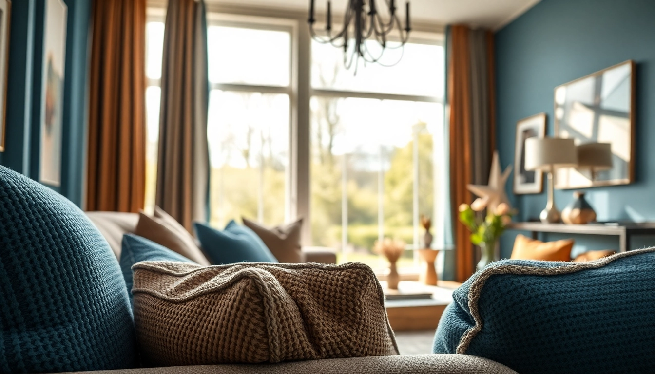 Ontdek decoratieve stof in een stijlvol ingericht interieur met luxe kussens en gordijnen.