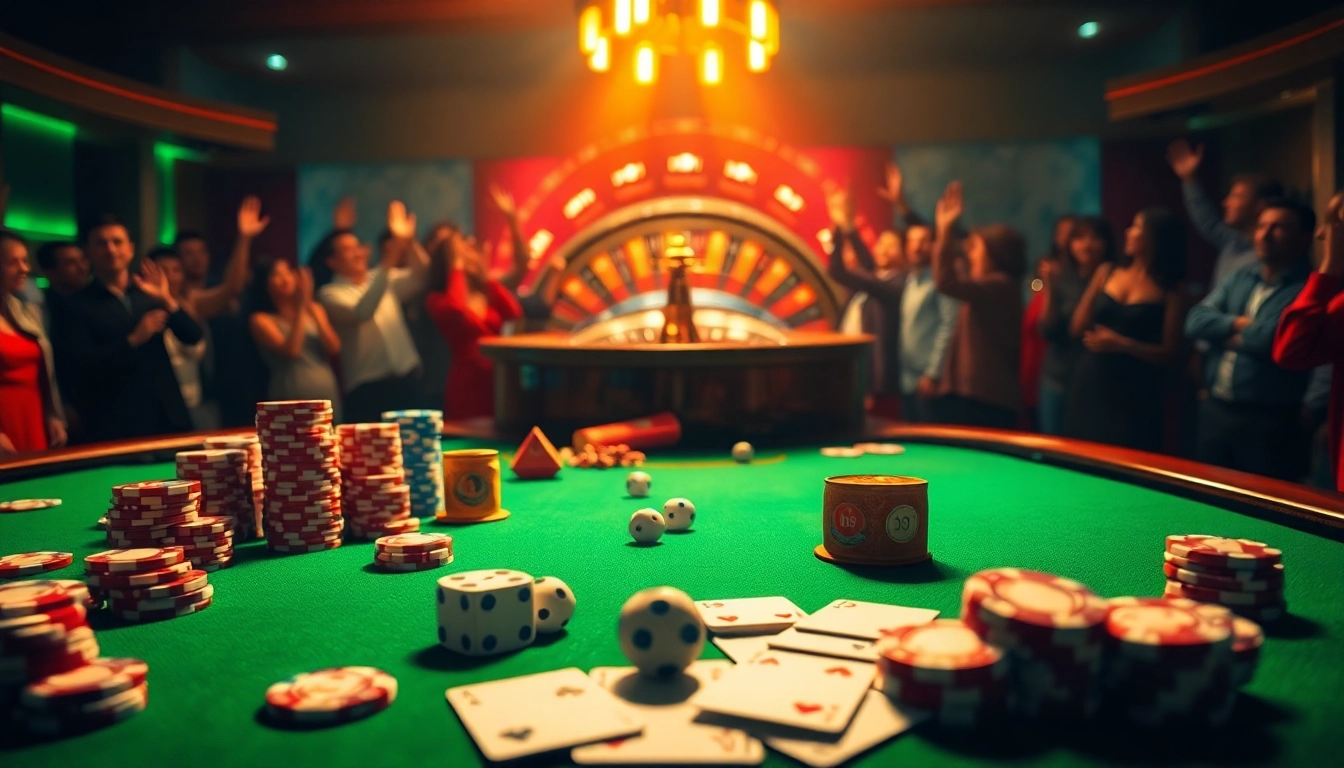 A thrilling gambling scene showcasing 68 game bài with poker chips, cards, and a roulette wheel in a luxurious casino setting.