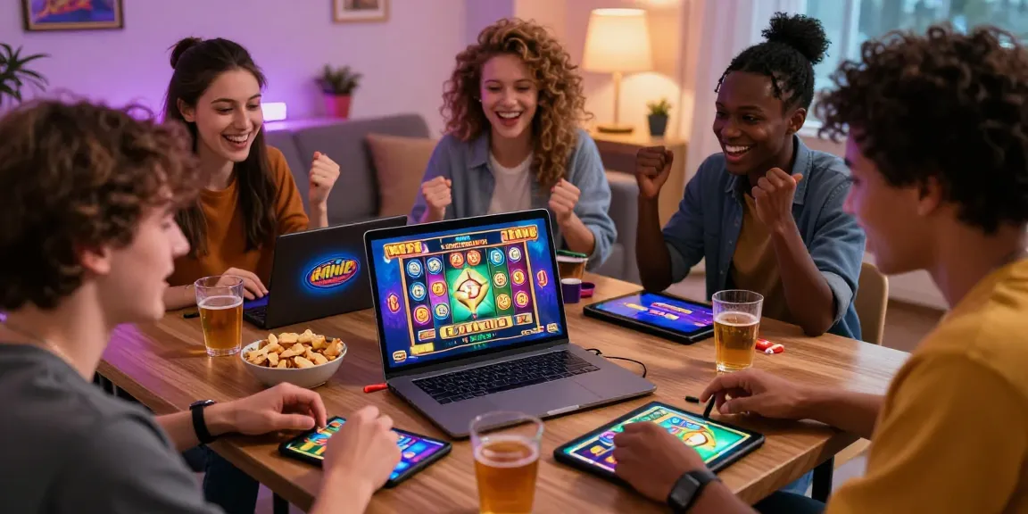 Friends enjoying bonus buy slots UK gaming in a lively casino atmosphere.
