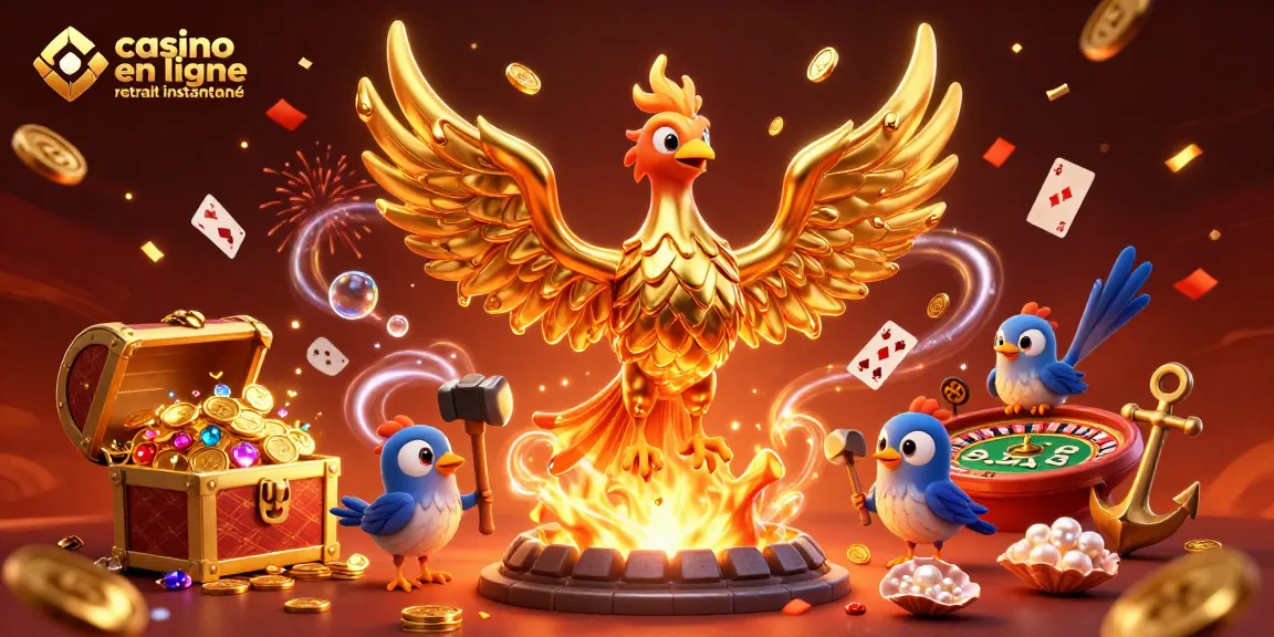 Explorez les gains avec le casino en ligne retrait instantané et une illustration imaginative de jeux de casino animés.