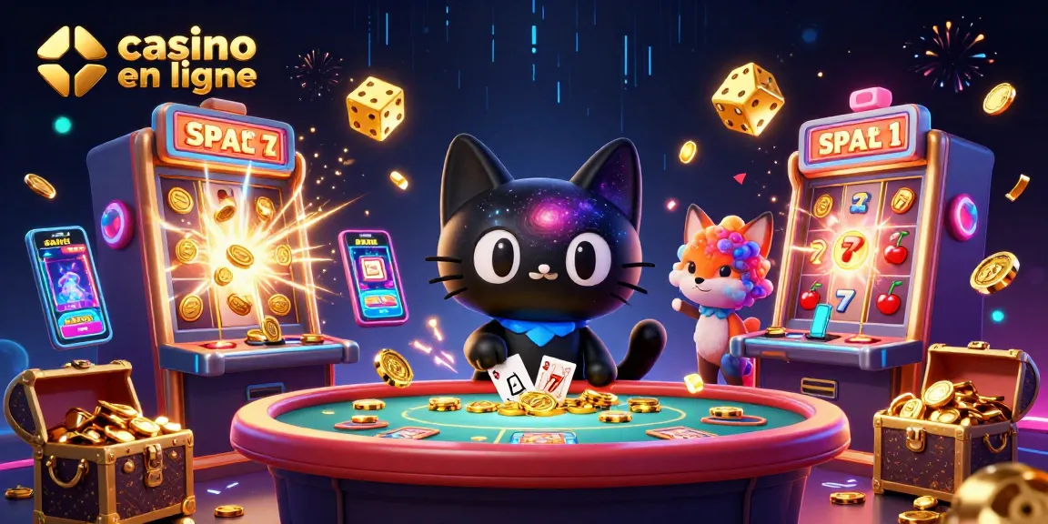 Jouer au casino en ligne avec un chat noir gravitationnel et un renard nébuleux entourés d'éléments de jeu captivants.