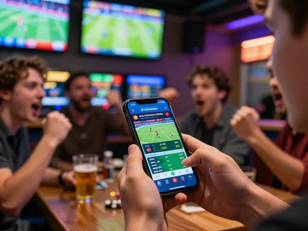siti scommesse stranieri app showcasing live betting odds in a vibrant sports bar environment