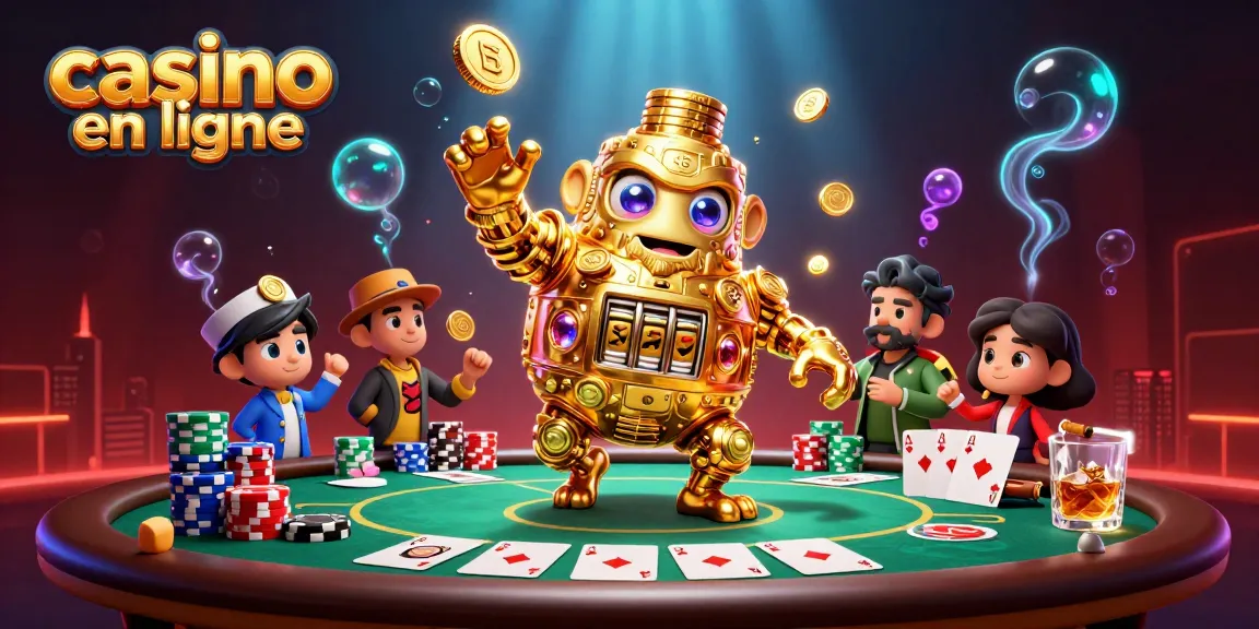 Casino en ligne : Illustration d'un golem doré entouré de jetons de poker et de cartes, ambiance festive