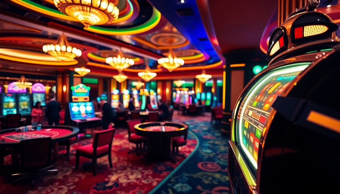 Exciting gambling scene at 98win com showcasing lively casino tables and vibrant slot machines.