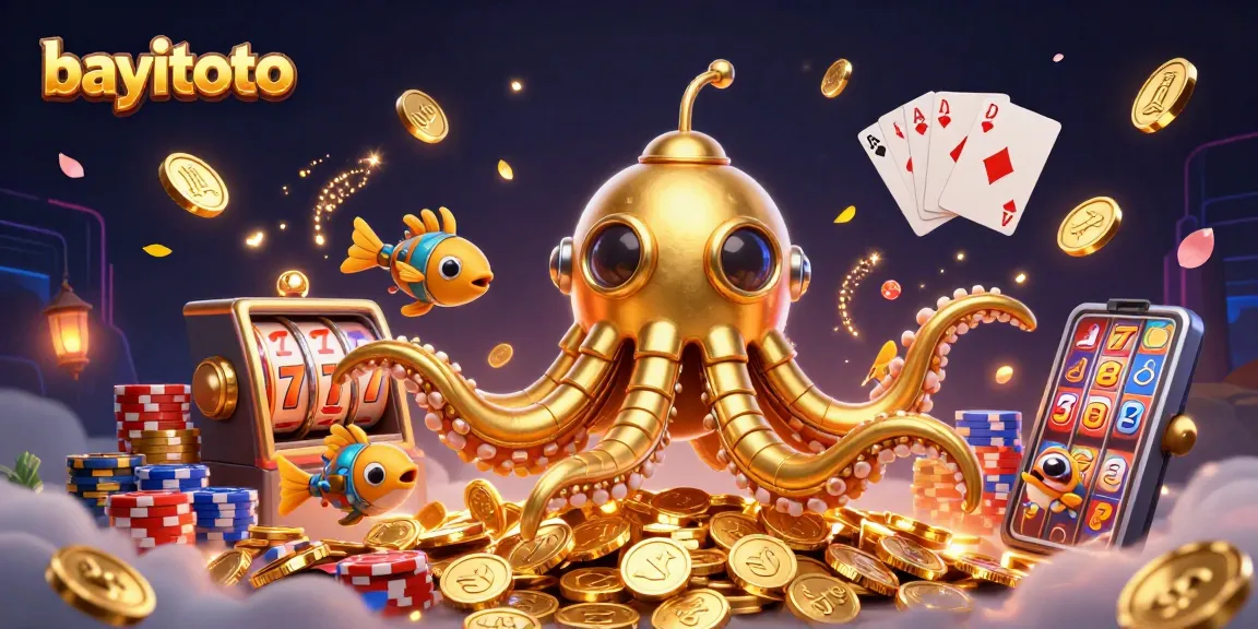 Engage in exciting bayitoto games with a golden kraken submarine amidst a treasure of coins.