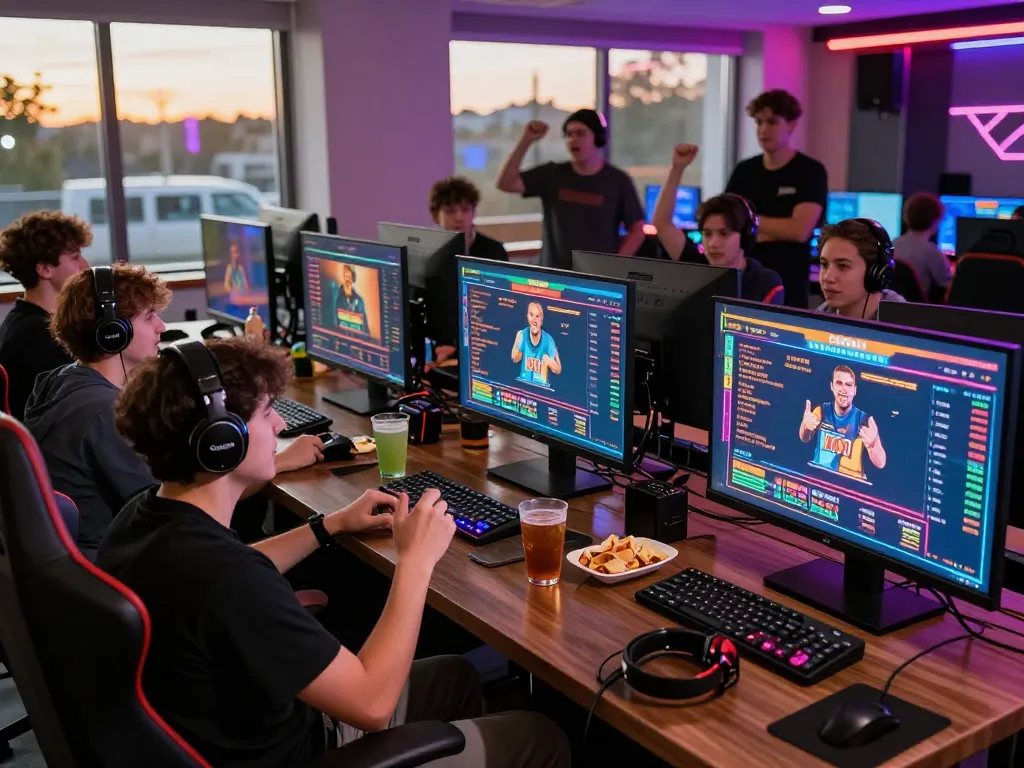 Group enjoying vibrant online gaming with hubet88 branding in a lively atmosphere.