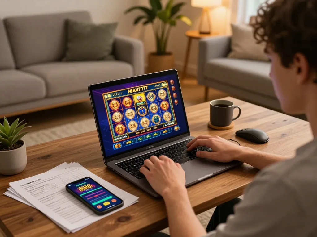 Engaging in online slot games on mau777, showcasing vibrant graphics and a cozy gaming setup.