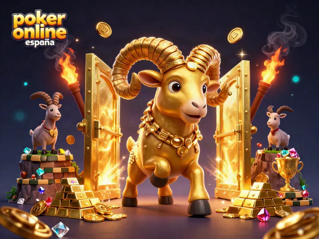 Juega con emoción en póker online en España, mientras un carnero dorado embiste hacia un tesoro brillante.
