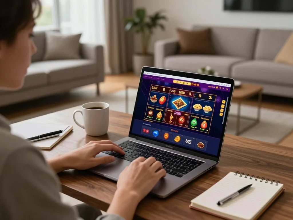 Engaged user playing at casino europei online on a laptop with vibrant game interface.