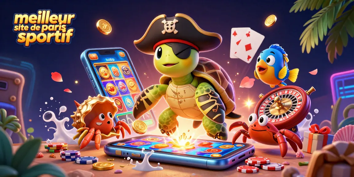 Visualisation du meilleur site de paris sportif avec un turtle pirate et un crabe doré jouant aux jeux d'argent.