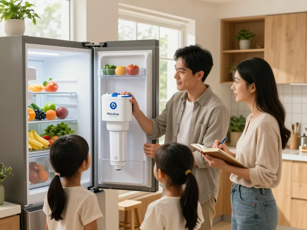 Family discussing the Waterdrop WD-F13 Replacement for GE® MWF® Water Filter in a bright kitchen.