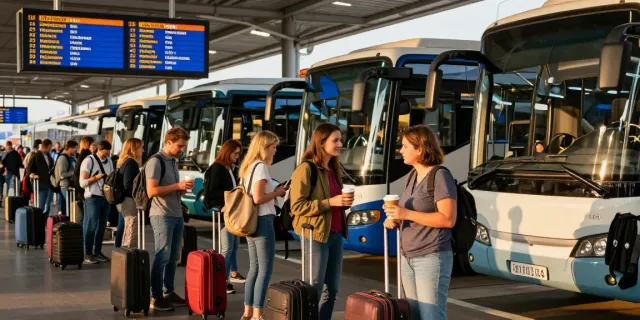 Curse regulate cu autocarul în Europa la un terminal de autobuz animat, călători așteptând zboruri.