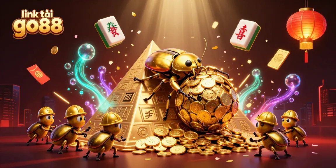 Engage with link tải go88 while exploring a vibrant illustration of golden beetles rolling coins amidst a visual feast.