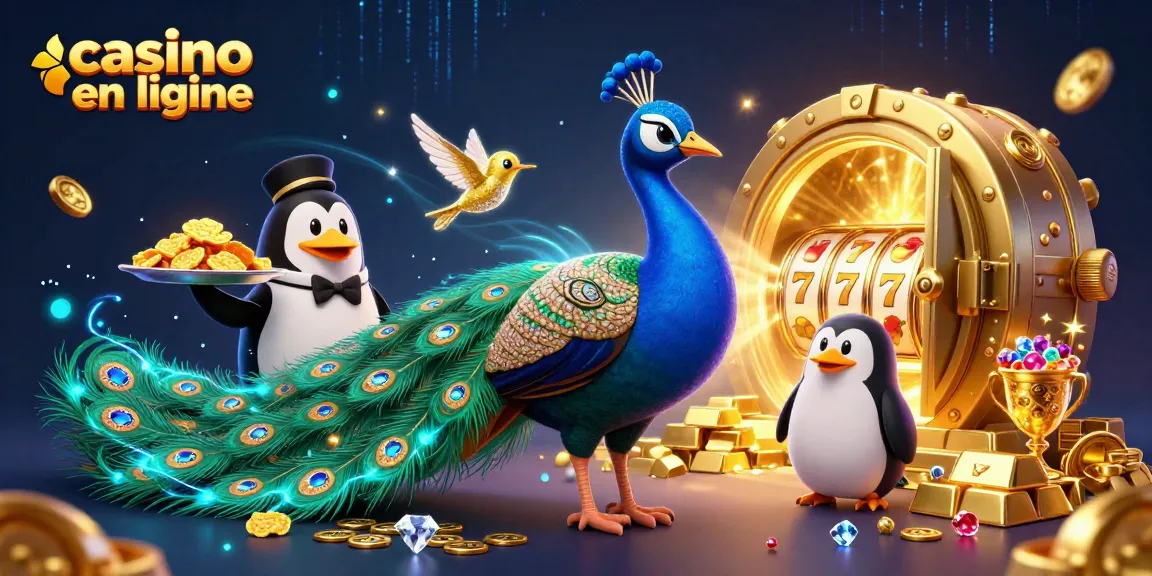 Jouez à un casino en ligne avec une illustration captivante de personnages et de richesses scintillantes.