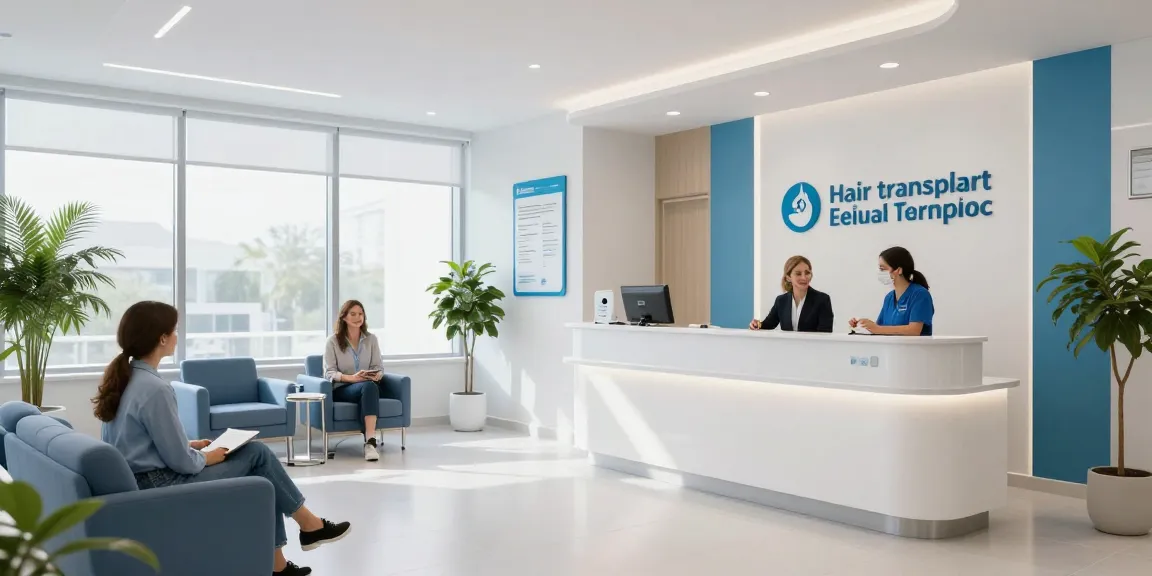 The image shows a modern medical clinic focused on hair transplant Turkey price consultations, featuring comfortable seating and friendly staff in a welcoming healthcare environment.