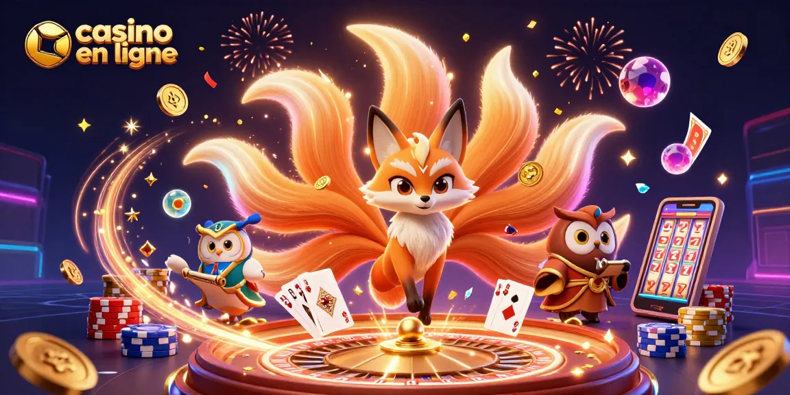 Une illustration de casino en ligne avec un renard à neuf queues et des pièces d'or scintillantes.